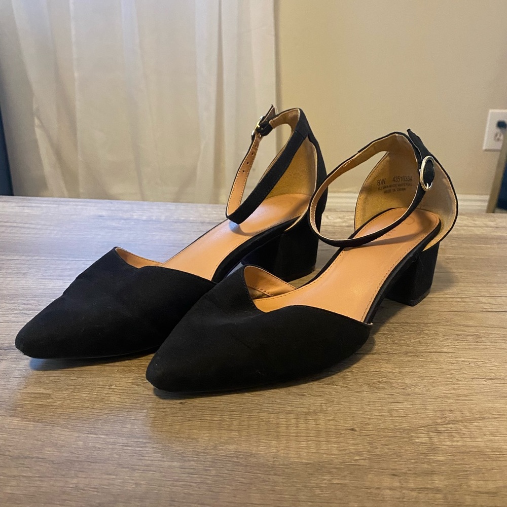Black ankle strap block heels